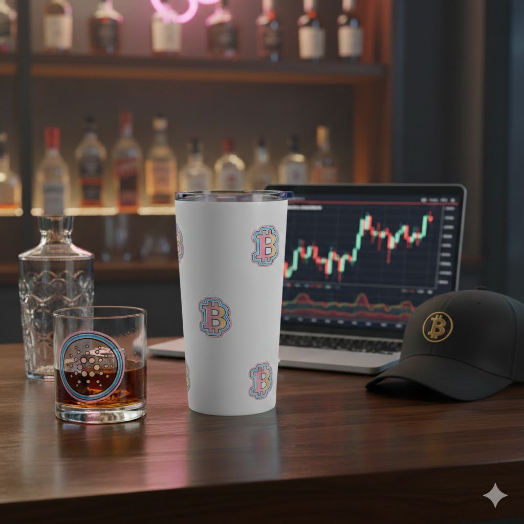 A stylish, dark-colored room setup for a crypto trading session. The foreground features a silver tumbler with the Bitcoin logo and a clear whiskey glass displaying the colorful Cardano logo. In the background, a person is seen checking crypto charts on a laptop.