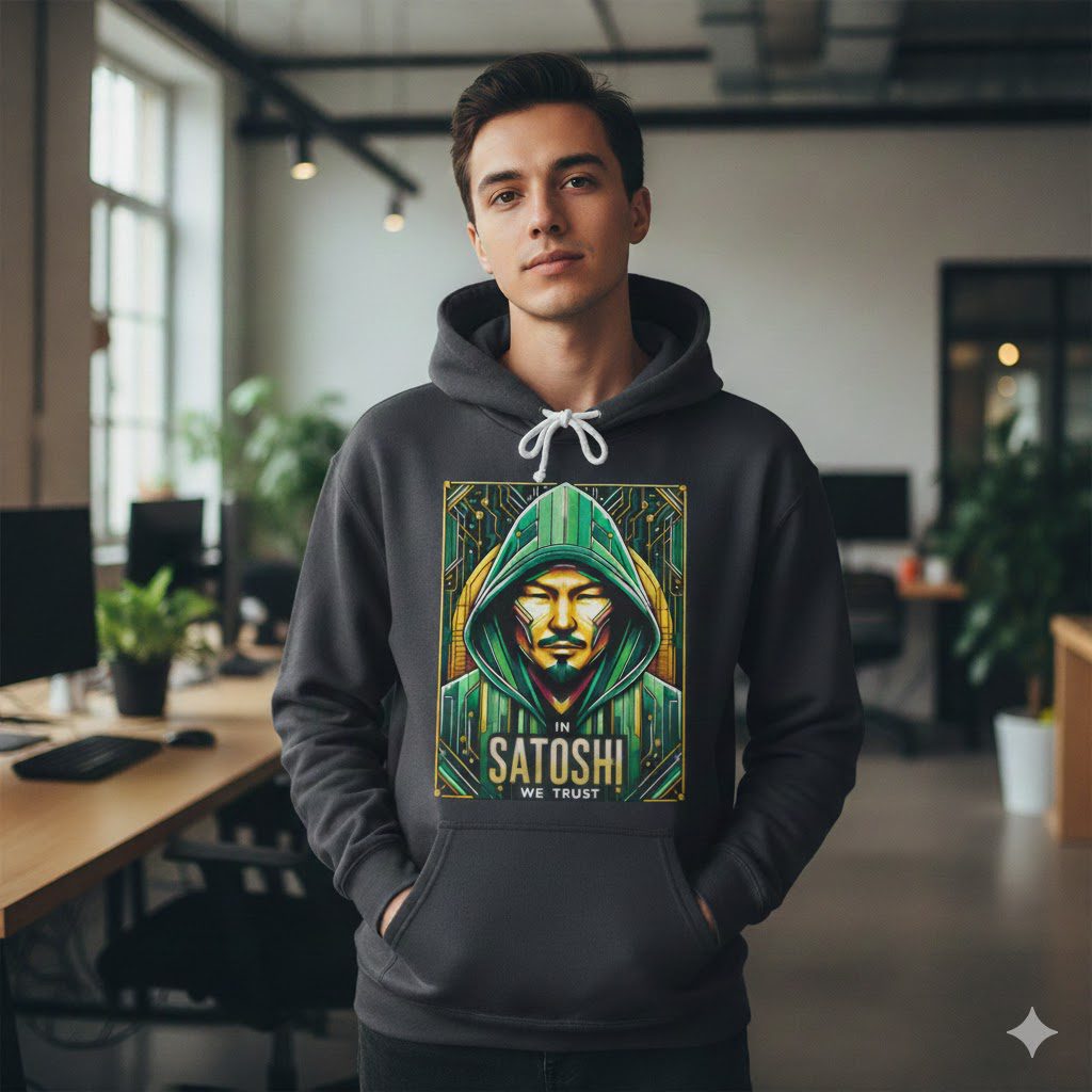 A young man standing in a modern office wearing a dark grey hooded sweatshirt. The hoodie features a central, stylized graphic of a hooded figure with green circuitry and gold aura, and the text "IN SATOSHI WE TRUST."