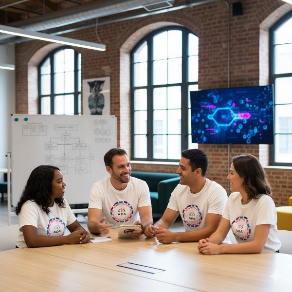 A group of four diverse young adults wearing matching white t-shirts with the colorful Cardano (ADA) logo, engaged in a positive discussion in a bright, modern co-working space, visually representing community pride and connection.