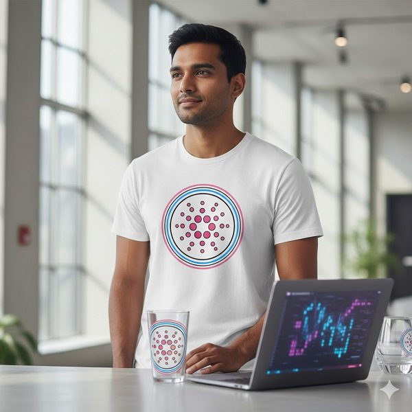 A thoughtful young man wearing a white t-shirt with a colorful Cardano (ADA) logo stands at a desk in a bright, modern office. A laptop displaying crypto charts and a pint glass with the Cardano logo are visible on the desk, subtly showcasing ADA support.