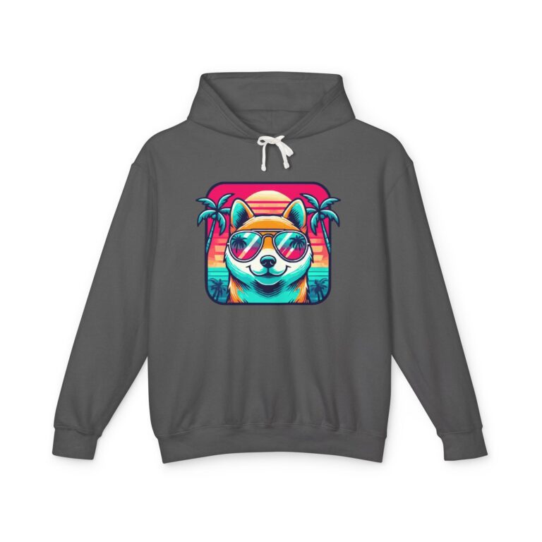 Dark grey hoodie featuring a colorful, retro-style graphic of the Doge (Shiba Inu) dog wearing mirrored sunglasses.