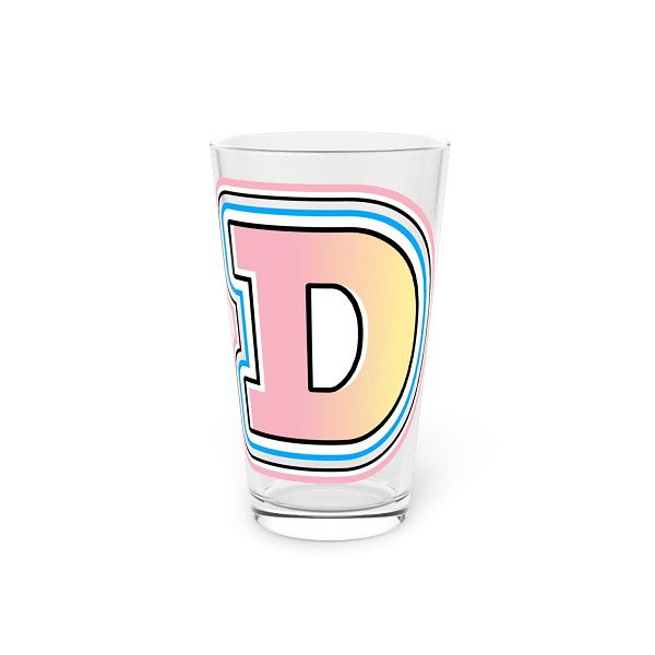Clear pint glass featuring a large, stylized Doge 'D' logo in a pink, yellow, and blue gradient outline.