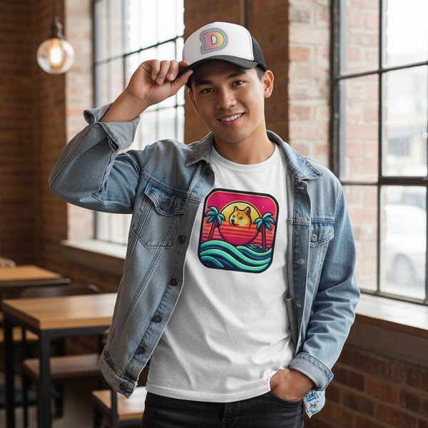 A smiling young man in a casual, modern setting, wearing a white t-shirt featuring a retro-style Doge with a sunset and palm trees graphic, paired with a black and white trucker hat displaying a large, colorful 'D' logo, showcasing Dogecoin apparel.