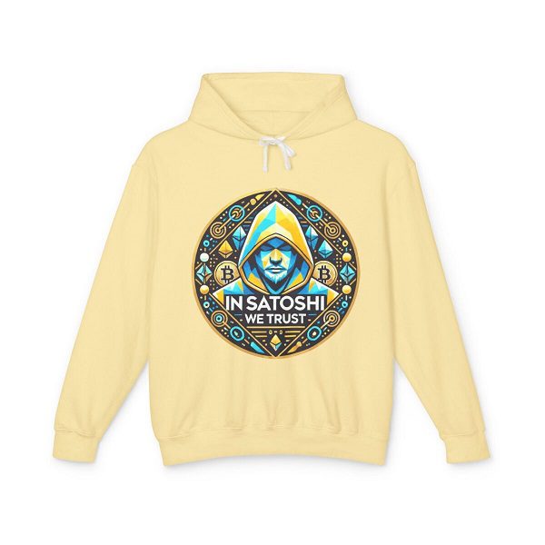 Light yellow hooded sweatshirt featuring a circular, colorful crypto graphic with the text "IN SATOSHI WE TRUST."
