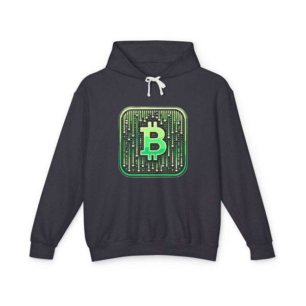 Dark grey hoodie featuring a central, neon-green Bitcoin 'B' logo styled with a digital circuit board or 'Matrix' aesthetic.