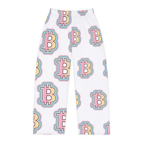 White pajama pants with an all-over repeating pattern of the Bitcoin 'B' logo in a bright, bubblegum color scheme of pink, yellow, and light blue outlines.