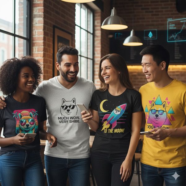 A diverse group of four young adults standing together in a modern, casual setting wearing a different Dogecoin t-shirt.