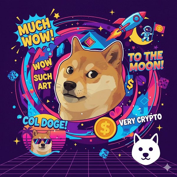 A colorful, meme-style digital illustration featuring a smiling Shiba Inu (Doge) surrounded by classic Dogecoin themes, including the phrase "Much Wow" in Comic Sans style, and a rocket ship surrounded by stars symbolizing "To the Moon!"