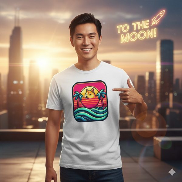 Man wearing a white Doge t-shirt with a retro sunset and palm trees graphic, pointing to his shirt, with "To the Moon!" text and a rocket in the background.