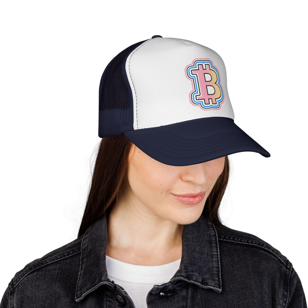 Bitcoin Patch Trucker Cap — Retro Pastel Crypto Logo Mesh Hat - Image 6